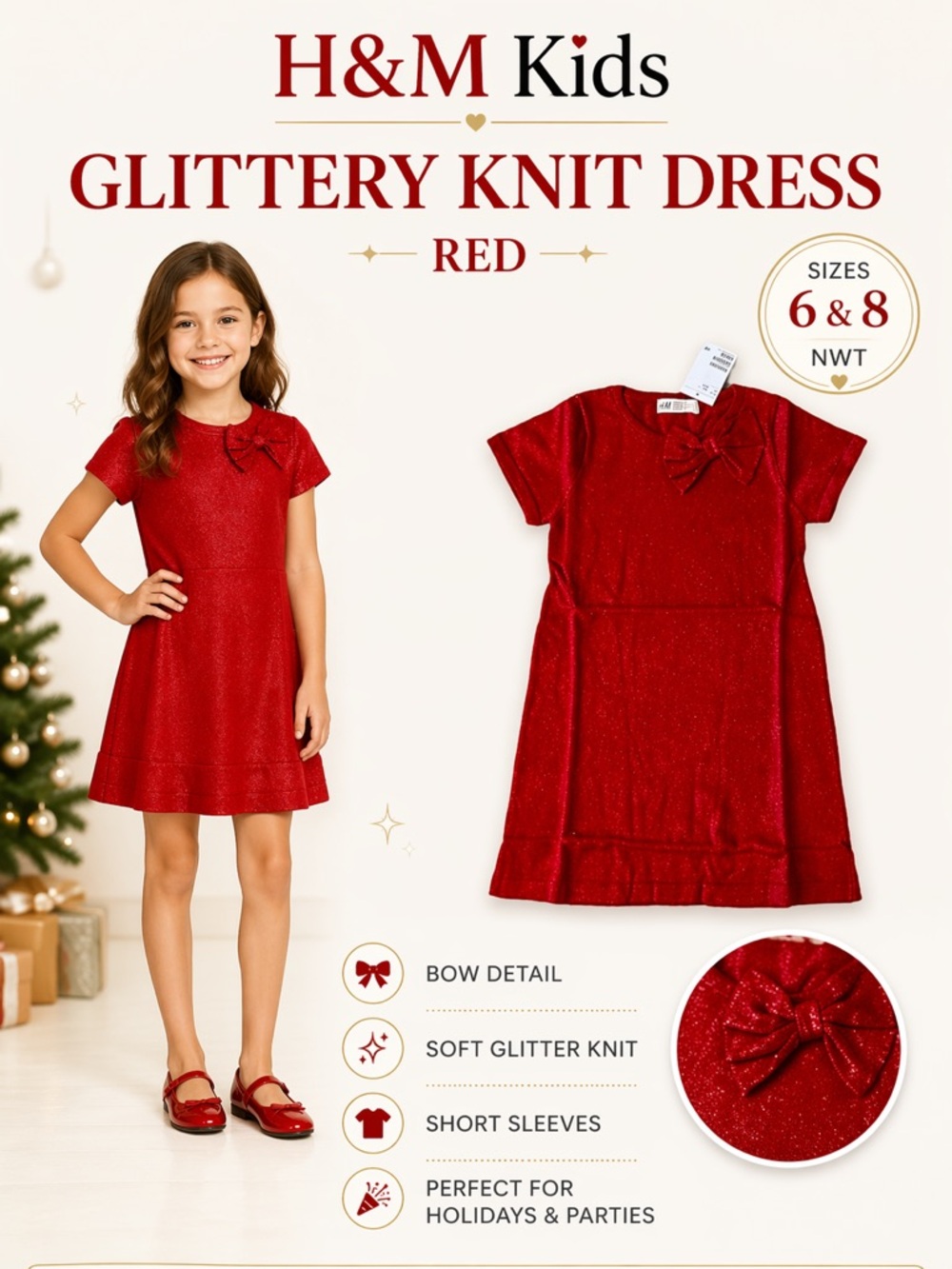 H&M Kids Red Glitter Knit Dress Bow Detail NWT Girls Sizes 6 8 Holiday Party